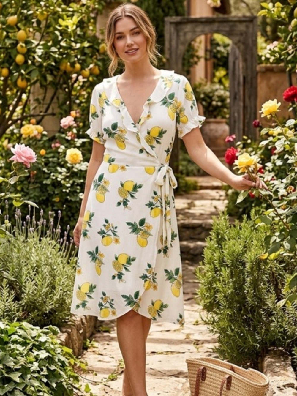 Eva Rose Wrap Midi Dress with Yellow Lemon Print - White NWT Size L